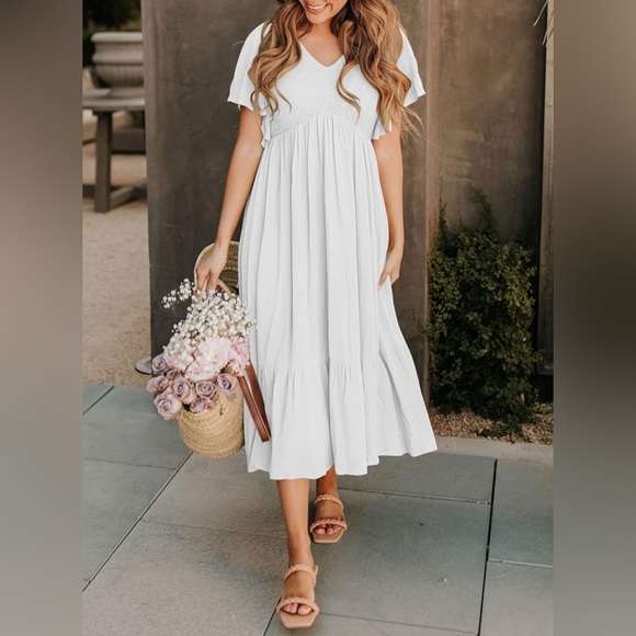 Lillusory Flowy White Smocked Midi Dress - Picture 6 of 11